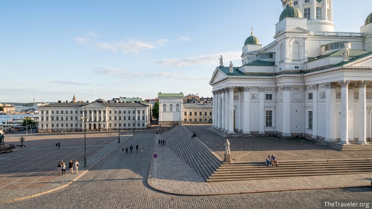 Helsinki Cathedral above Senate Square on a summer evening with people walking below.