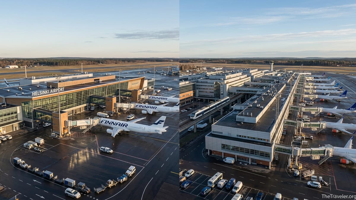 Panoramic view comparing Helsinki Airport and Stockholm Arlanda terminals at sunrise with aircraft and trains visible.