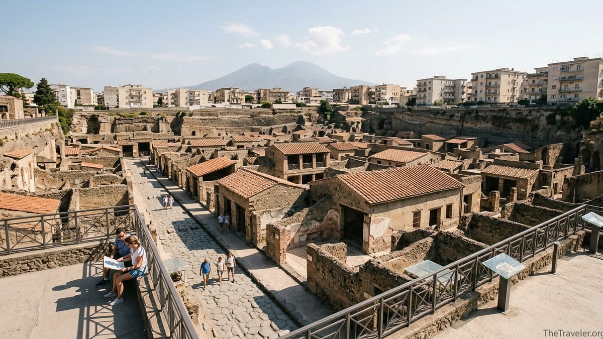 A wide view of Herculaneum ruins with visitors strolling quietly and Mount Vesuvius in the background.