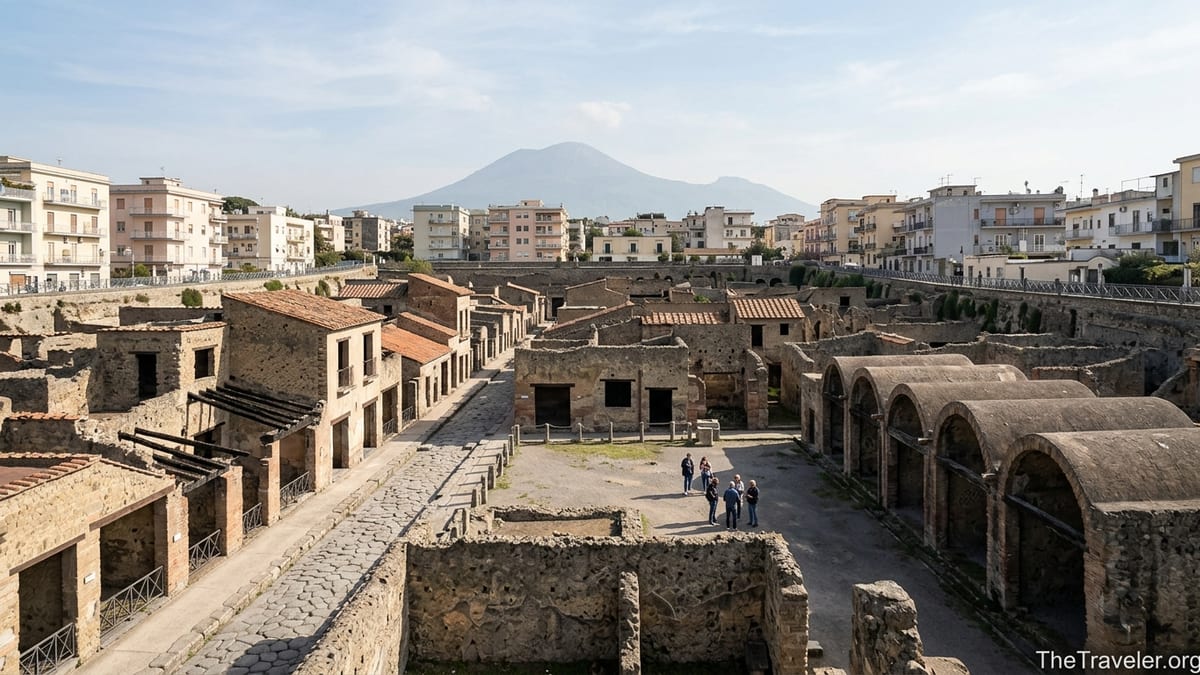 View over the ruins of Herculaneum with Mount Vesuvius in the background on a clear day.