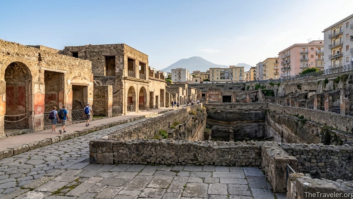 Ancient streets and multistory ruins of Herculaneum with modern Ercolano and Vesuvius in the background.