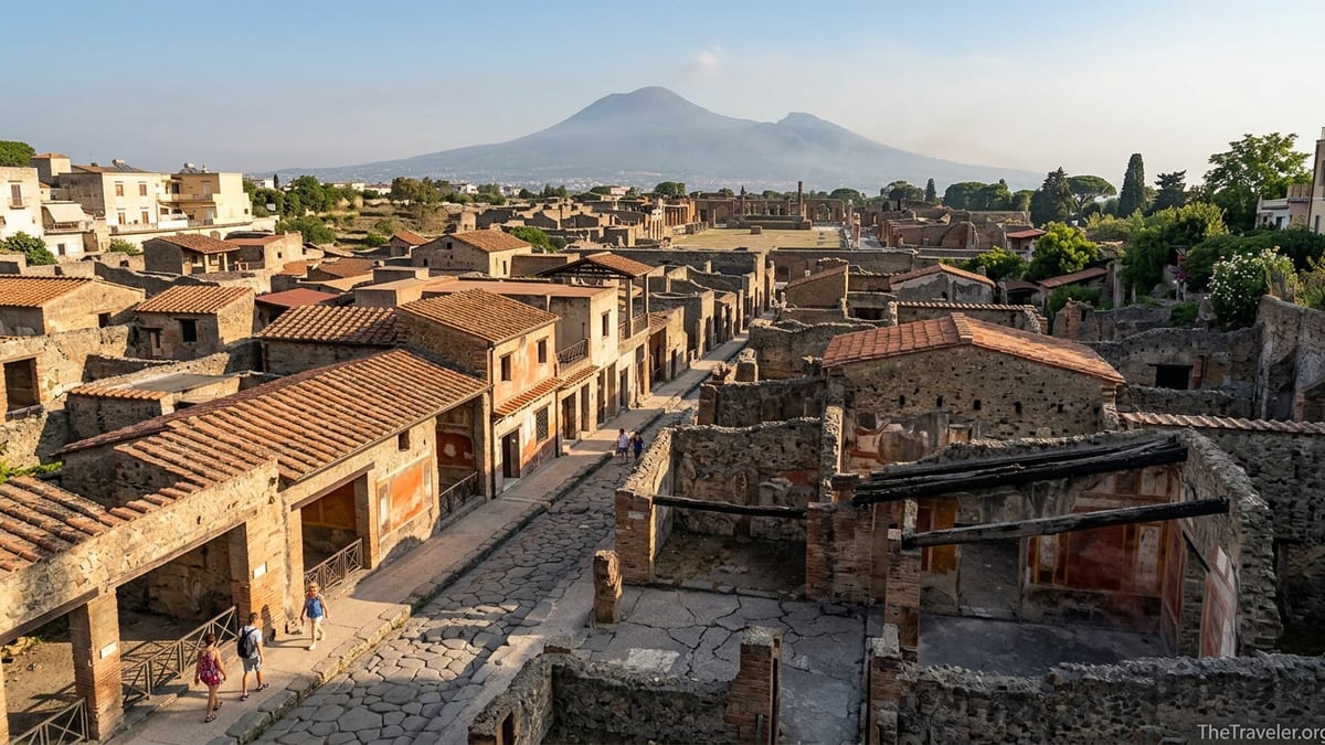 View over Herculaneum ruins with Mount Vesuvius in the distance on a sunny afternoon.