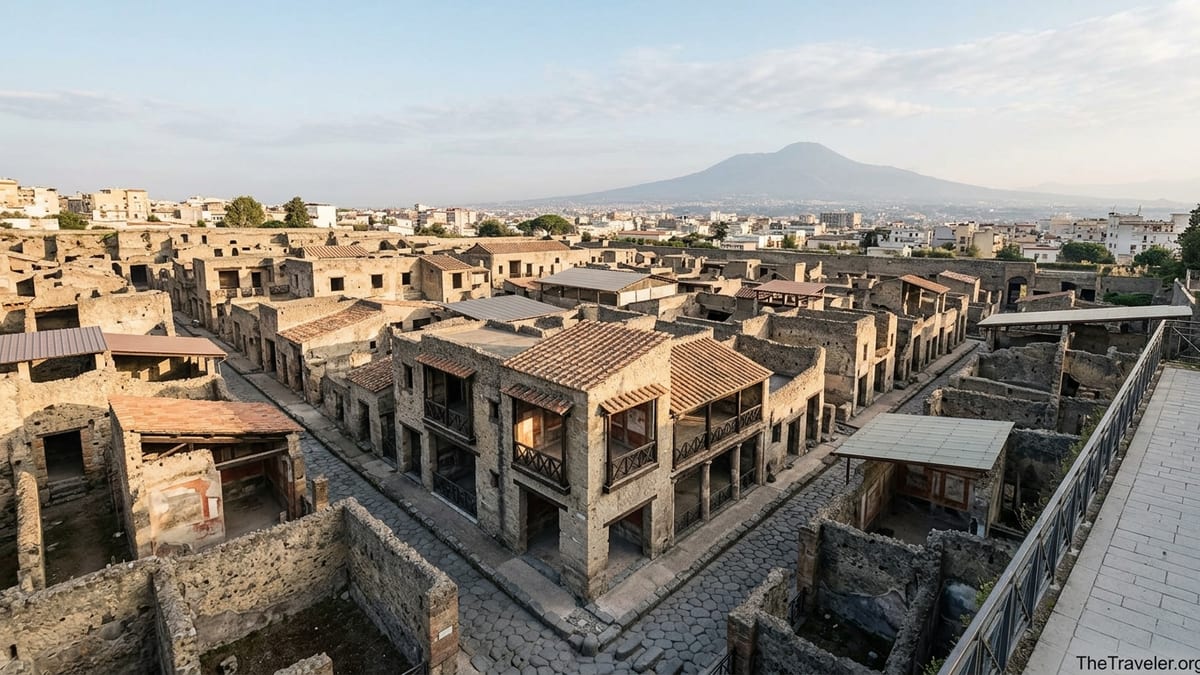 Wide view of Herculaneum’s multi-story ruins with Mount Vesuvius in the background.