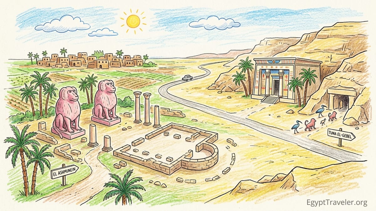 Colossal granite baboon statues of Thoth at Hermopolis Magna in the open-air museum at El Ashmunein, Egypt.