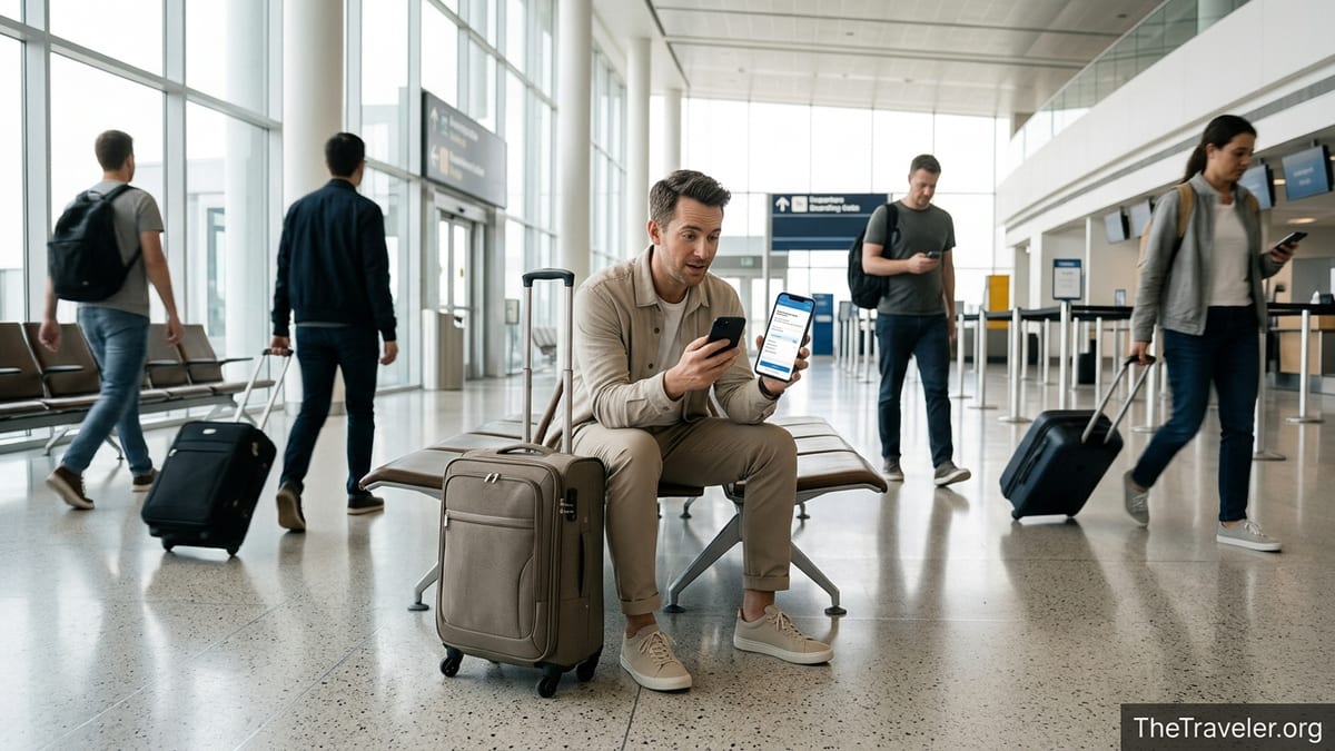 Traveler in a bright airport lounge checking travel insurance on a smartphone.