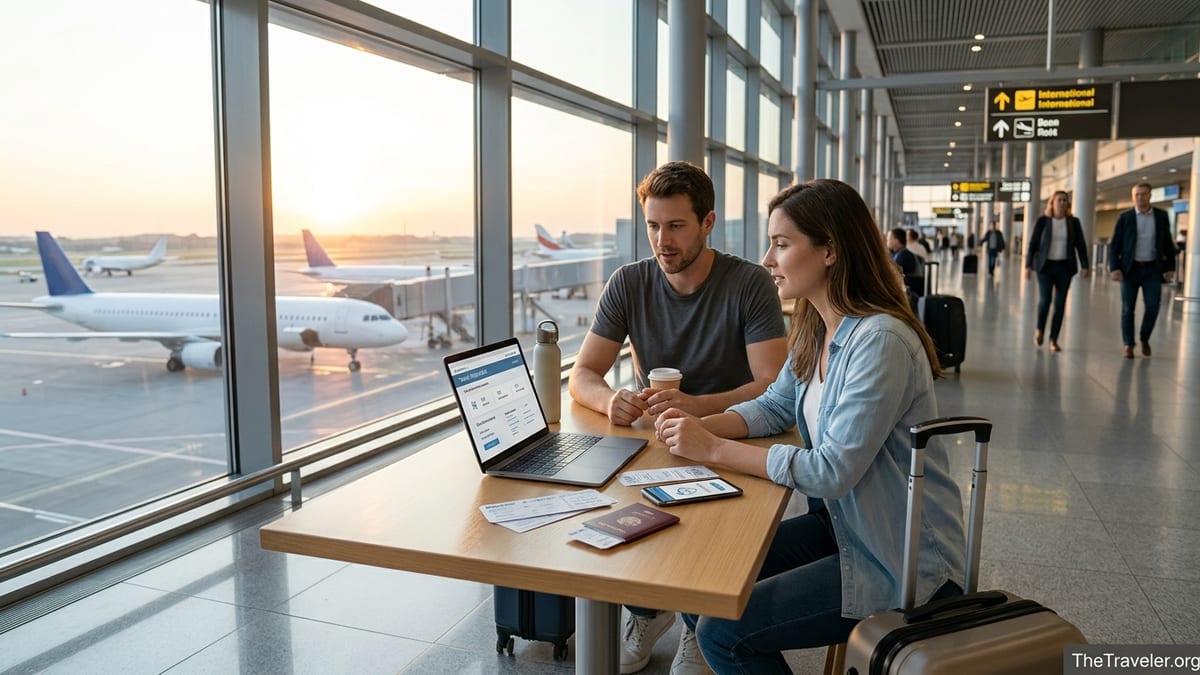 Couple in an airport reviewing travel insurance on a laptop before their flight.
