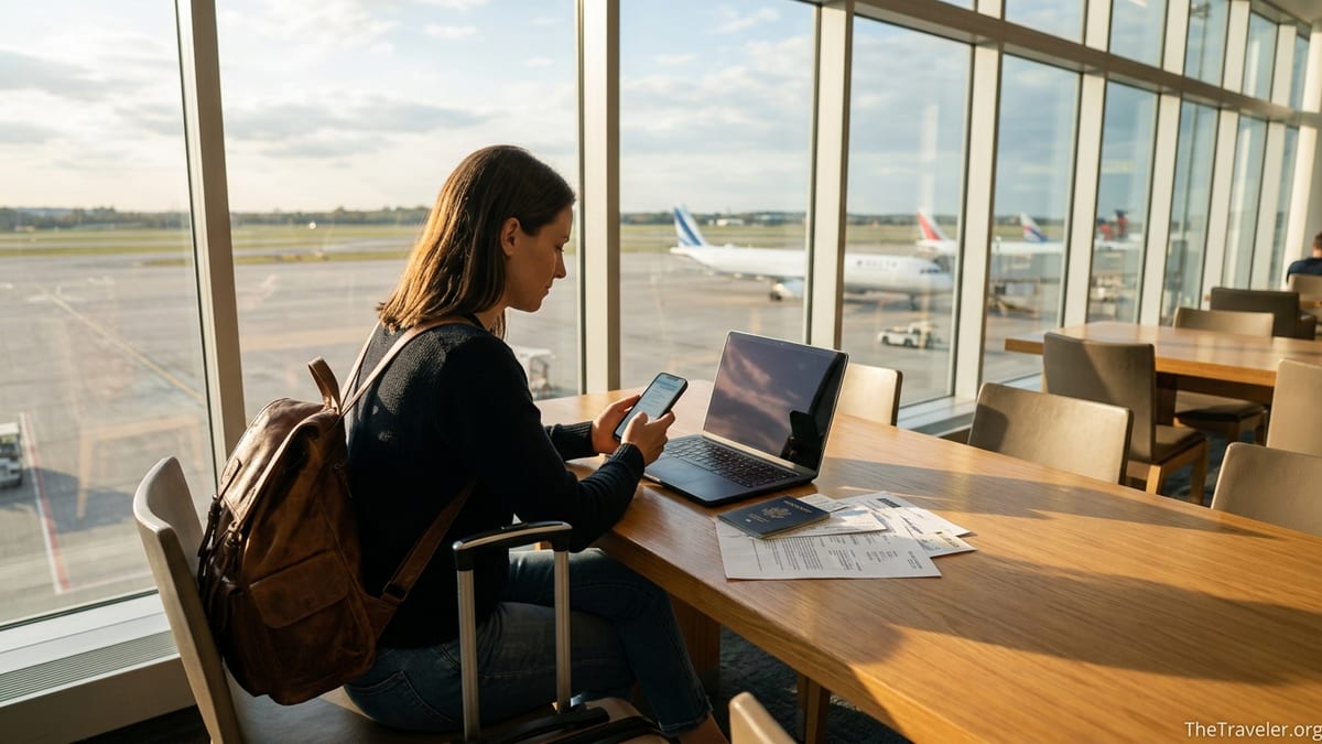 Traveler reviewing travel insurance details on a phone in an airport lounge.