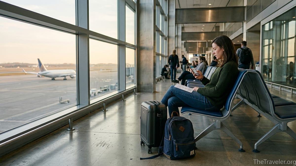 Traveler using a phone insurance app while waiting with luggage in a bright airport terminal.