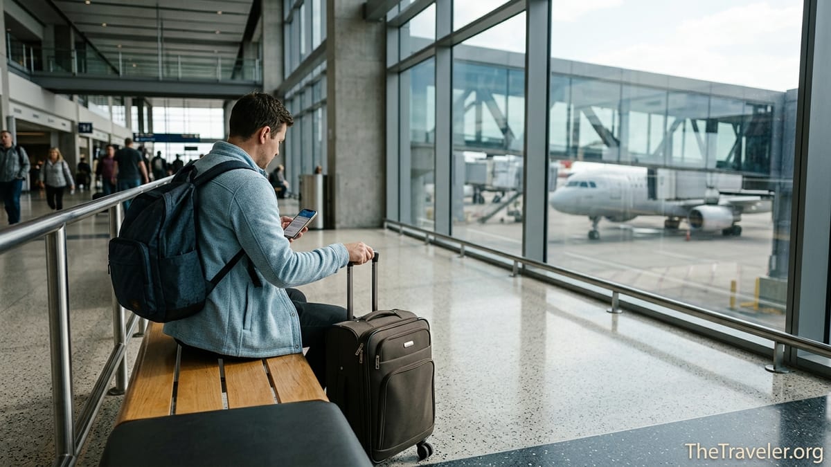 Traveler in an airport departure hall checking travel insurance on a phone.