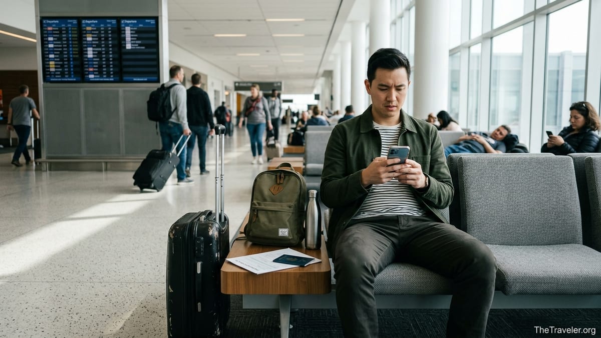Traveler in an airport lounge checking travel insurance app with documents on table.