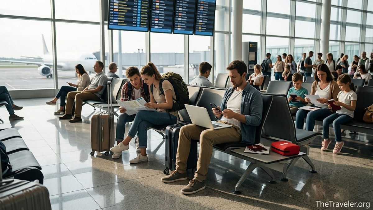 Travelers at an airport gate using a phone app to manage travel insurance before an international flight.
