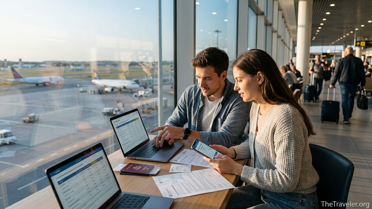 Travelers comparing online travel insurance options in an airport lounge.