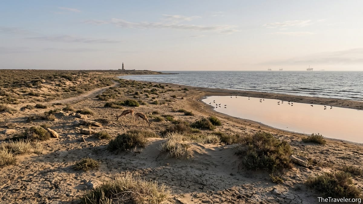 Remote Absheron Peninsula steppe with gazelles and Caspian Sea at sunrise.