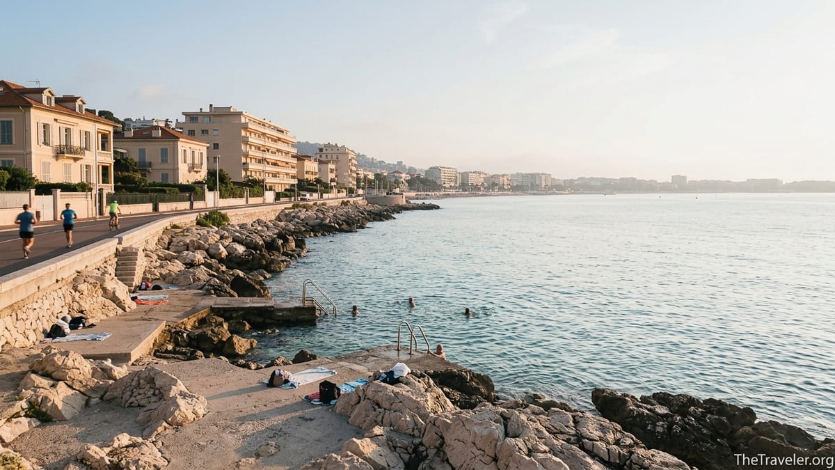 Sunrise over the quiet eastern end of Baie des Anges with rocky platforms and swimmers near Coco Beach in Nice.
