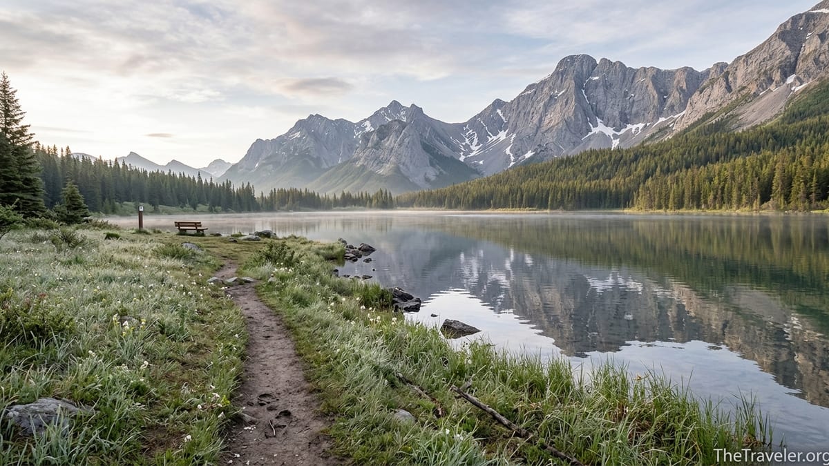 Quiet lakeside trail in Bow Valley with calm water and distant snow-dusted peaks at sunrise.