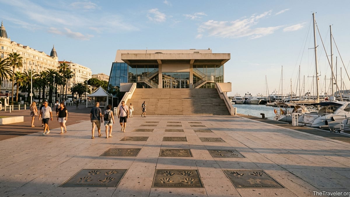 Chemin des Étoiles handprints and Palais des Festivals overlooking Cannes harbor at sunset.