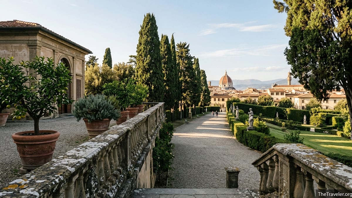 Quiet terrace in Boboli Gardens overlooking Florence with cypress trees, statues, and distant cathedral dome at sunset.
