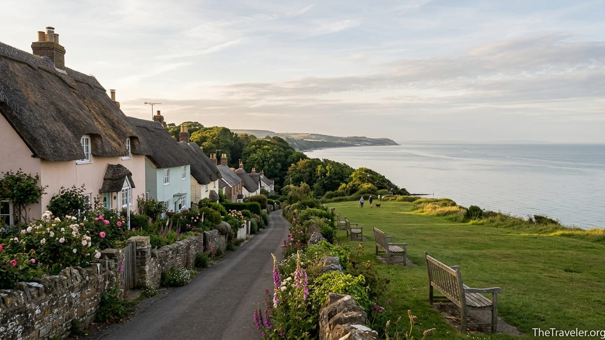 Clifftop view over Shanklin Old Village cottages and the sea at golden hour.