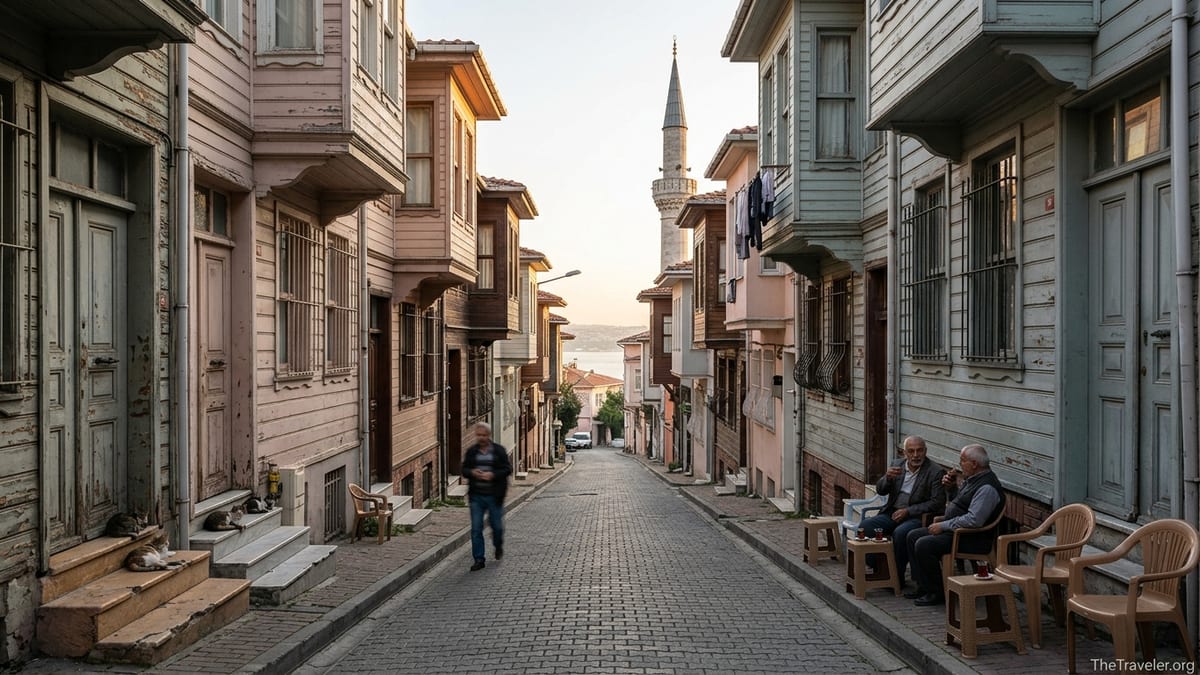 Quiet cobbled backstreet in Sultanahmet with old wooden houses, tea tables and a distant mosque minaret at sunset.