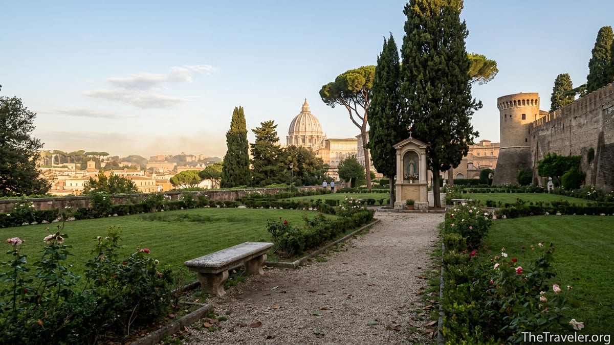 Early-morning view of Vatican Gardens path with shrine, trees, and St Peter’s dome in the distance.