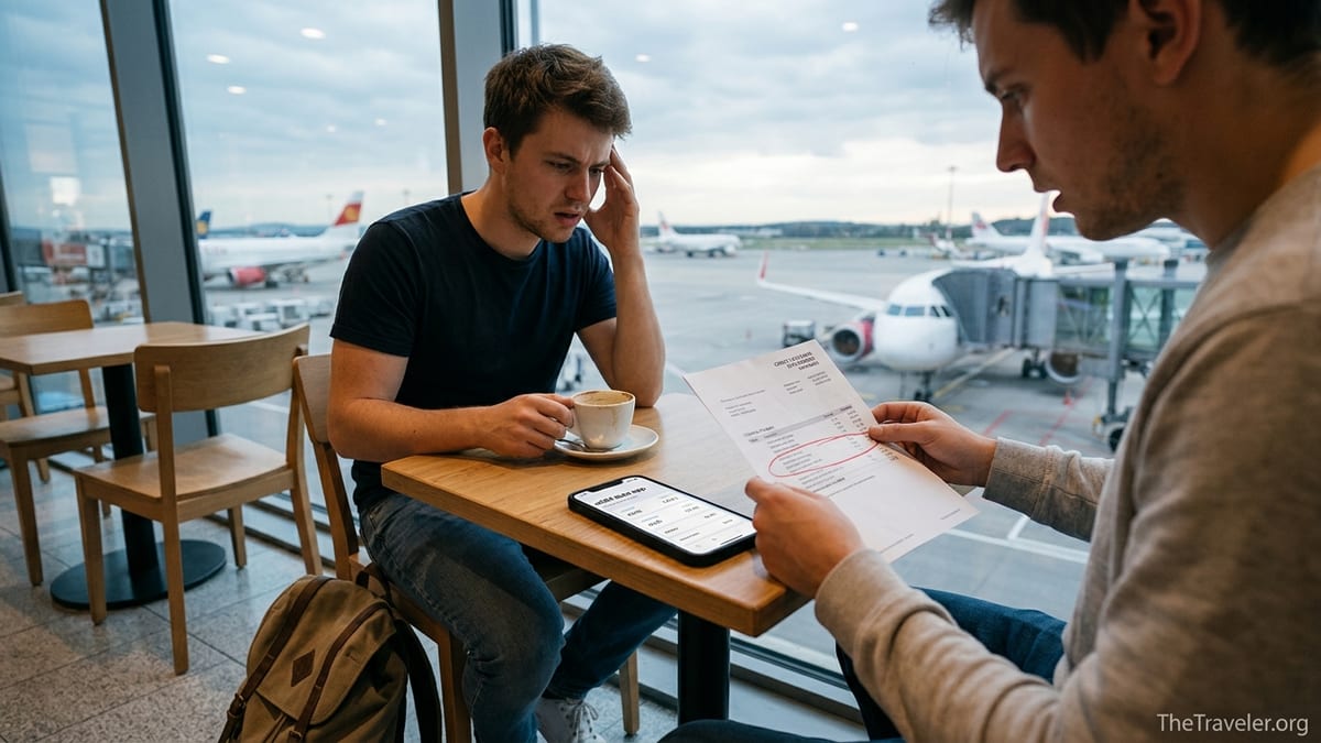 Traveler at airport café looking at phone and bill showing unexpected roaming charges.