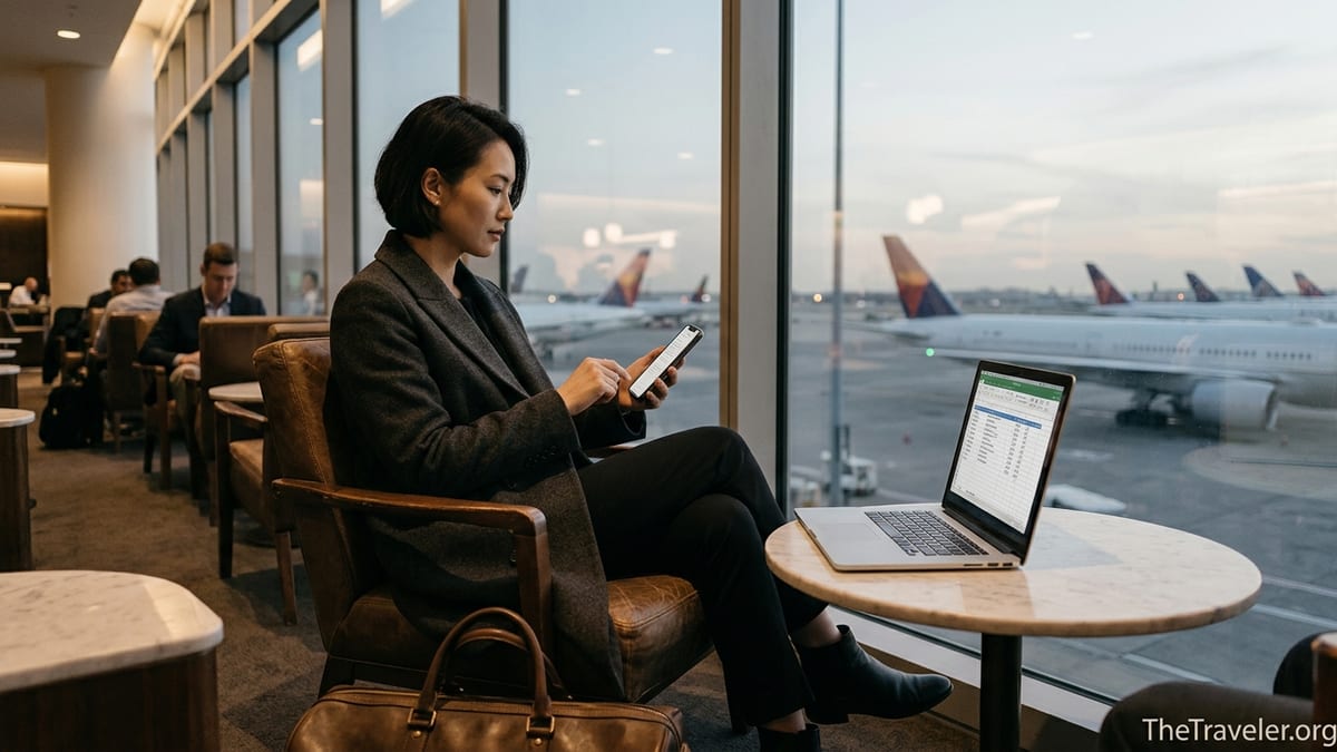 Traveler in luxury airport lounge comparing curated itinerary with actual travel costs.