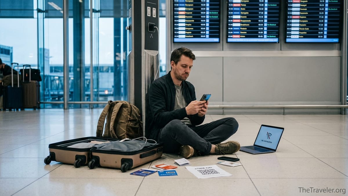 Traveler in an airport struggling with phone data setup beside luggage and laptop.
