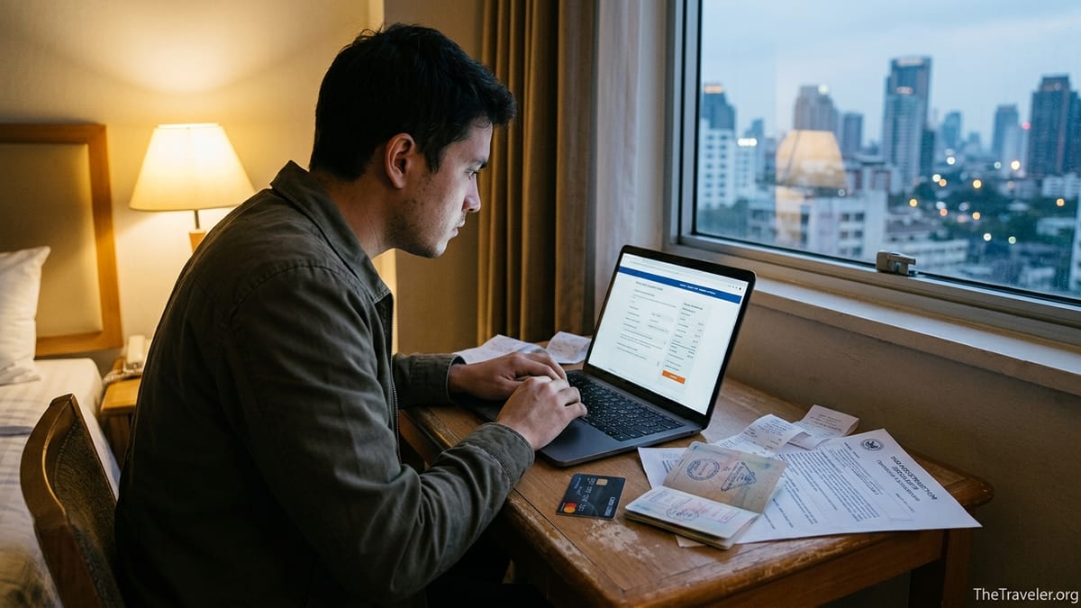 Traveler at hotel desk reviewing confusing visa fees on laptop beside passport and receipts.
