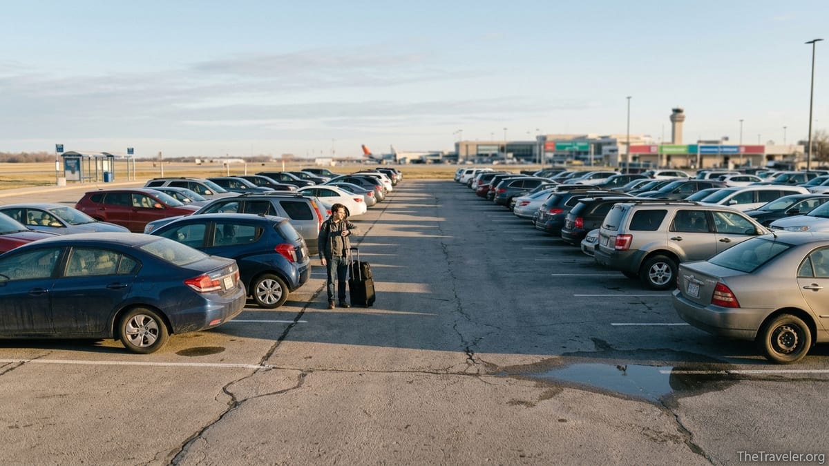 Traveler waiting in off-site airport parking lot at dawn, watching for a delayed shuttle.