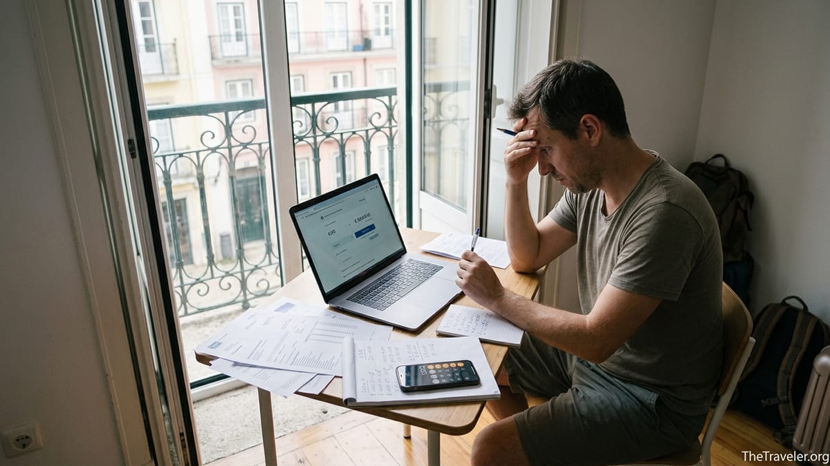 Traveler in a Lisbon apartment reviewing disappointing international transfer costs on a laptop.
