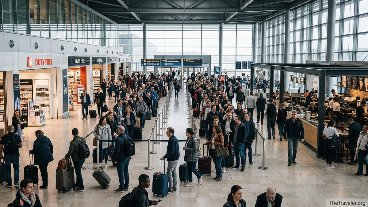 Crowded security line inside Paris Charles de Gaulle Terminal 2 with duty free shops and weary travelers.