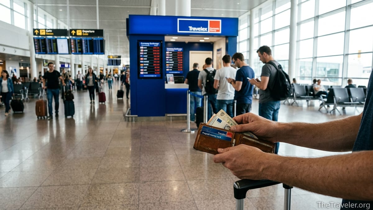 Traveler holding a Travelex money card at an airport exchange counter