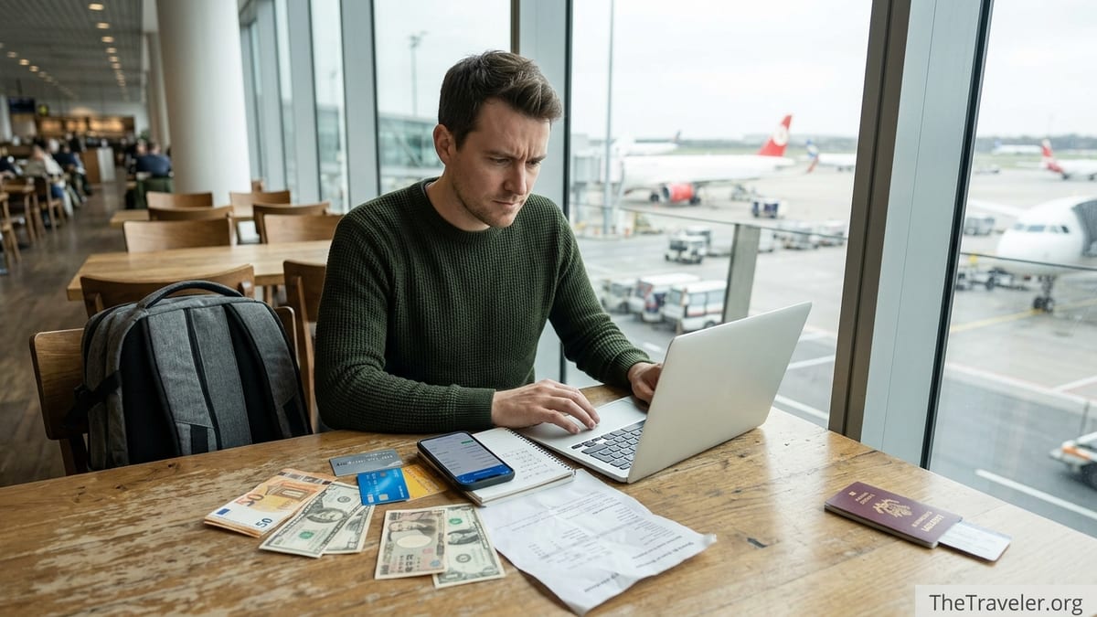 Traveler in an airport cafe reviewing a money transfer app beside scattered foreign currency.