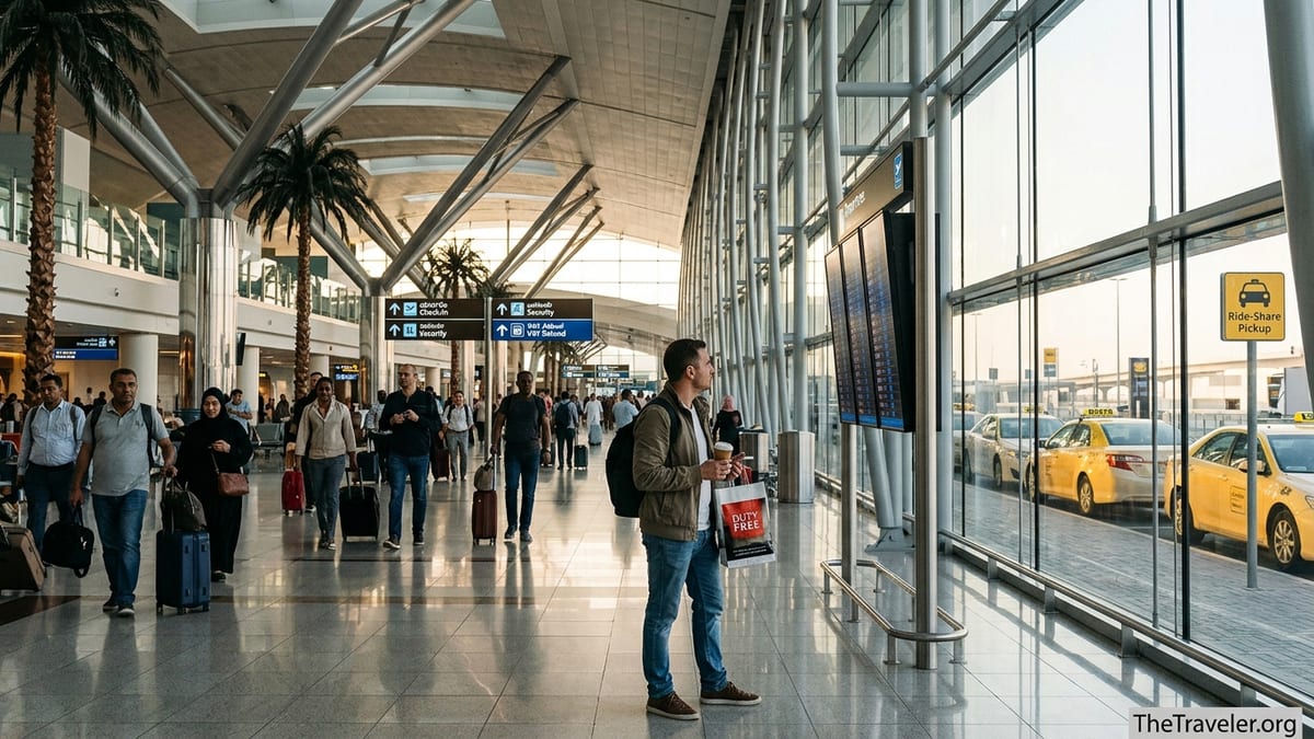 Travelers walking through Dubai International Airport Terminal 3 departures hall with taxis visible outside.