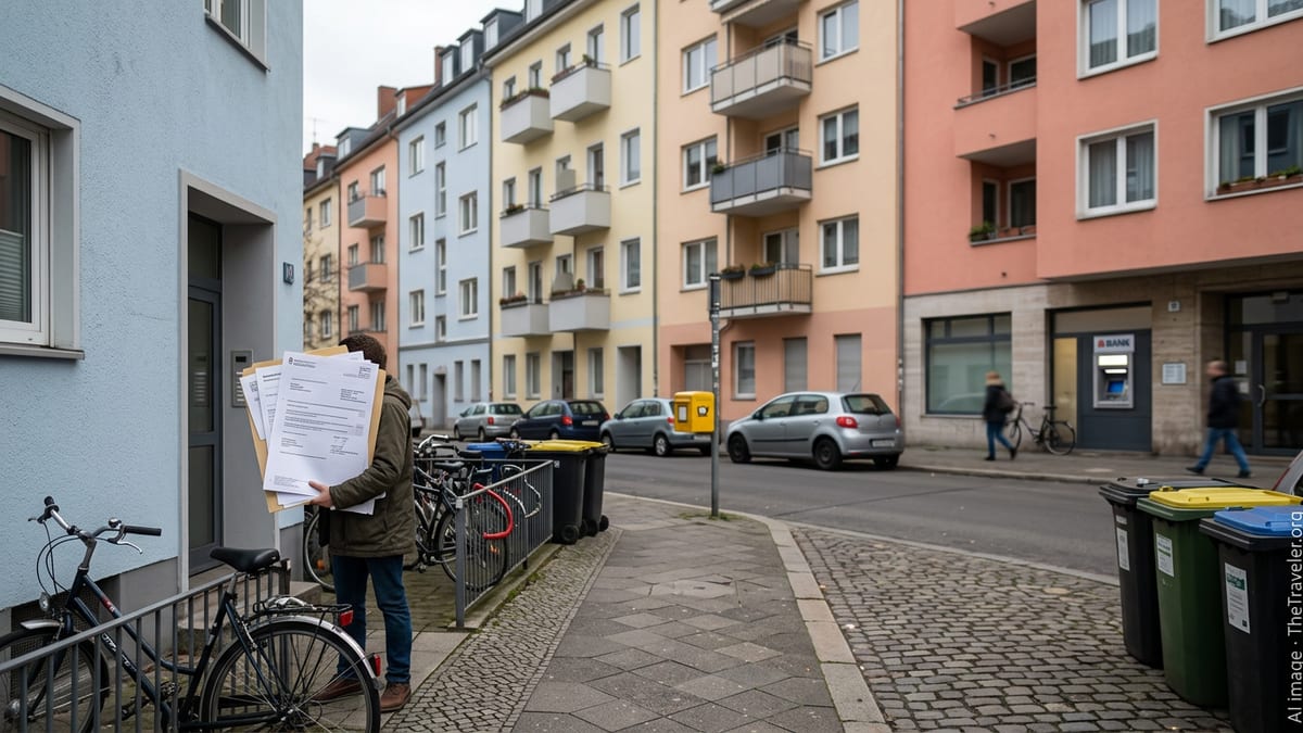 New resident holding official bills outside German apartment building with bins and mailboxes.
