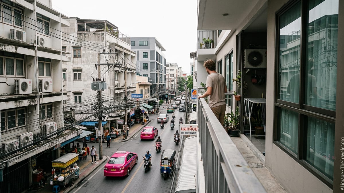 Bangkok street and condo balconies with wires and traffic, highlighting everyday living costs for expats.