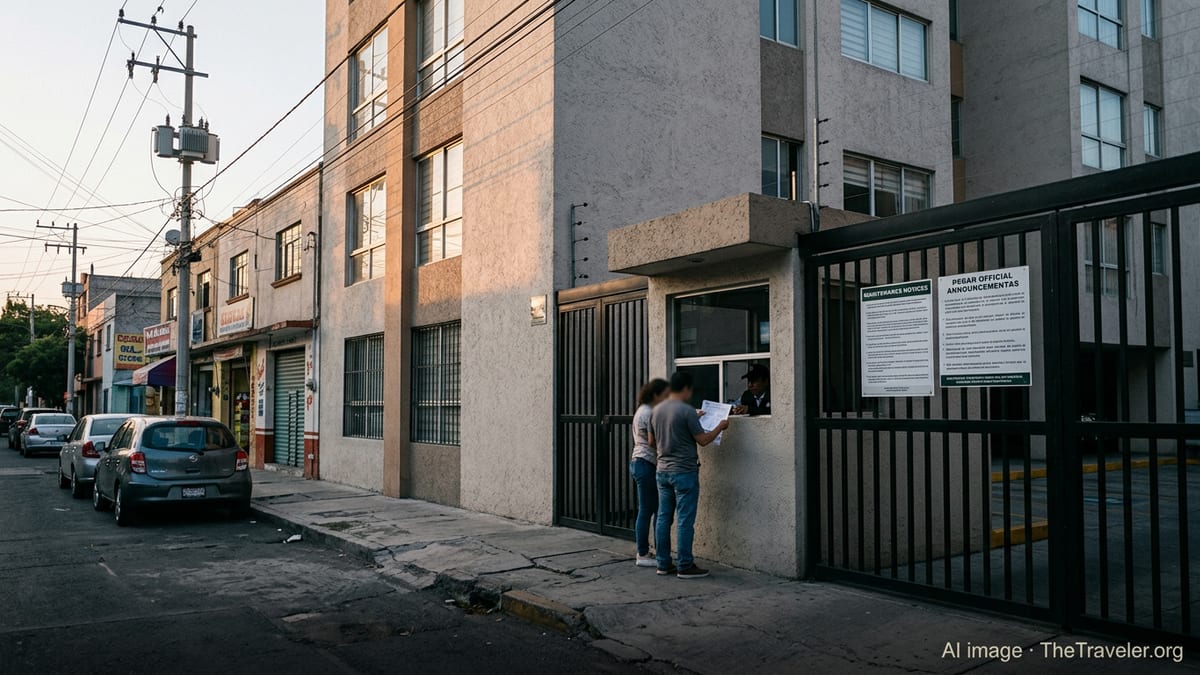 Condominium entrance in Mexico City with security gate and expat couple holding bills.