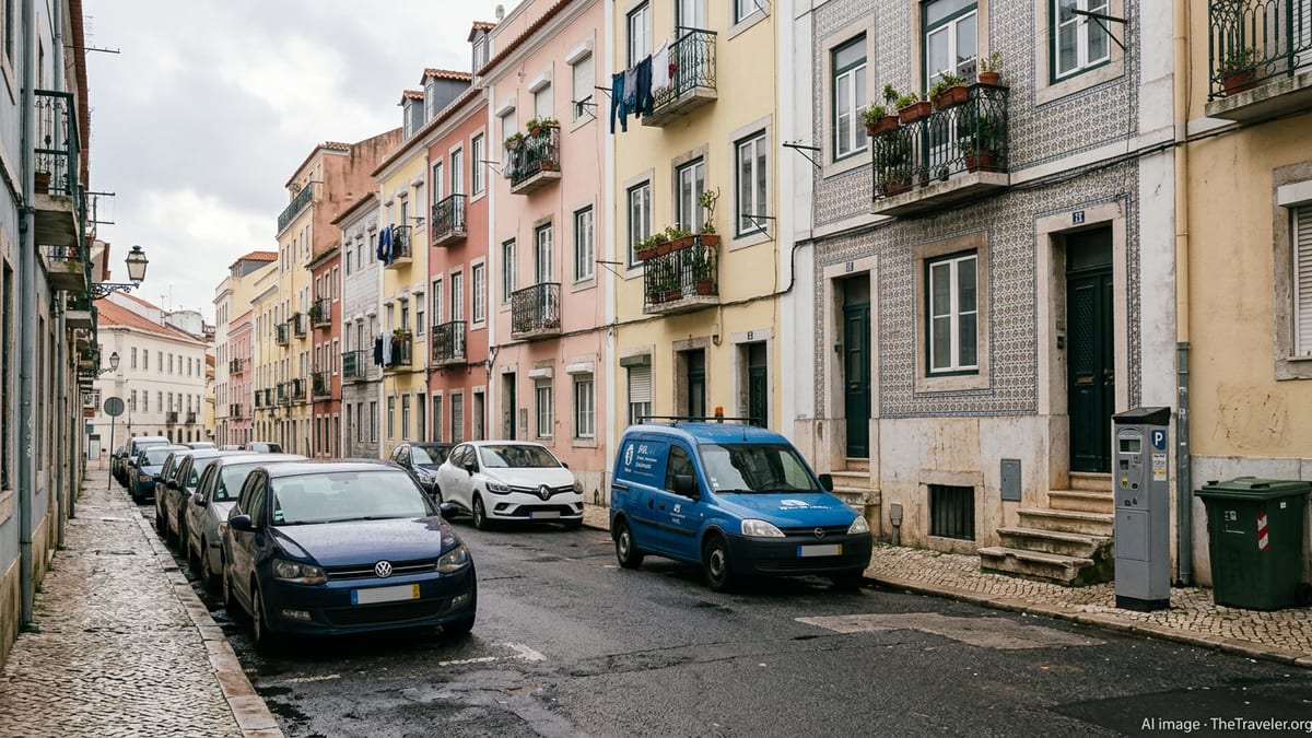 Lisbon residential street with apartment buildings, parked cars and parking meters on an overcast day.