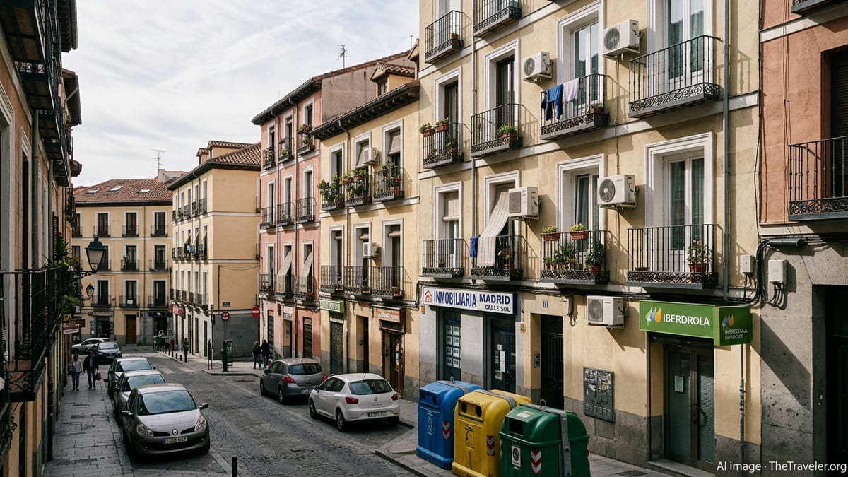 Residential Madrid street with apartment buildings, rubbish containers and utility meters hinting at hidden living costs.