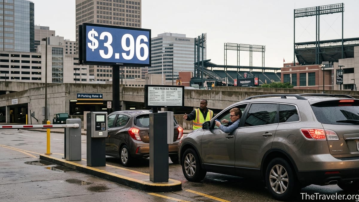 Driver at a downtown parking garage entrance discovering extra fees on a payment screen.