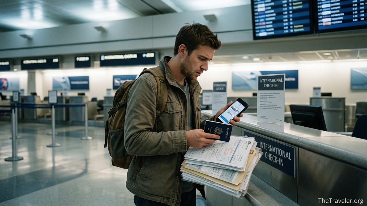 Traveler at an airport counter holding passport and visa papers, checking unexpected service fees.