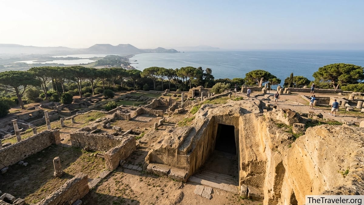 View over the ruins of Cuma’s acropolis and Sibyl’s tunnel toward the sea at sunrise.