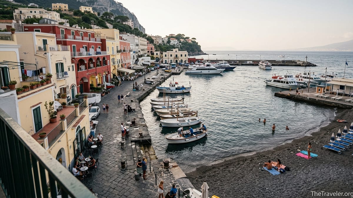 View over Marina Grande harbor and beach in Capri with pastel houses and boats.