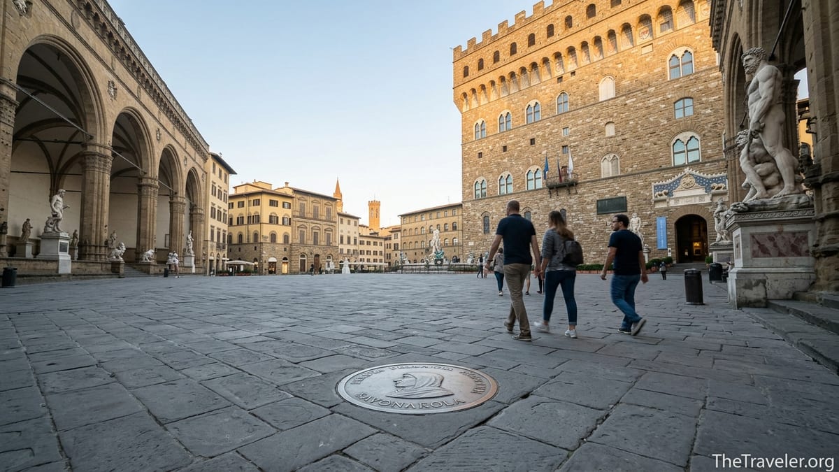 Early morning view of Piazza della Signoria showing Palazzo Vecchio, statues and a small plaque in the paving stones.