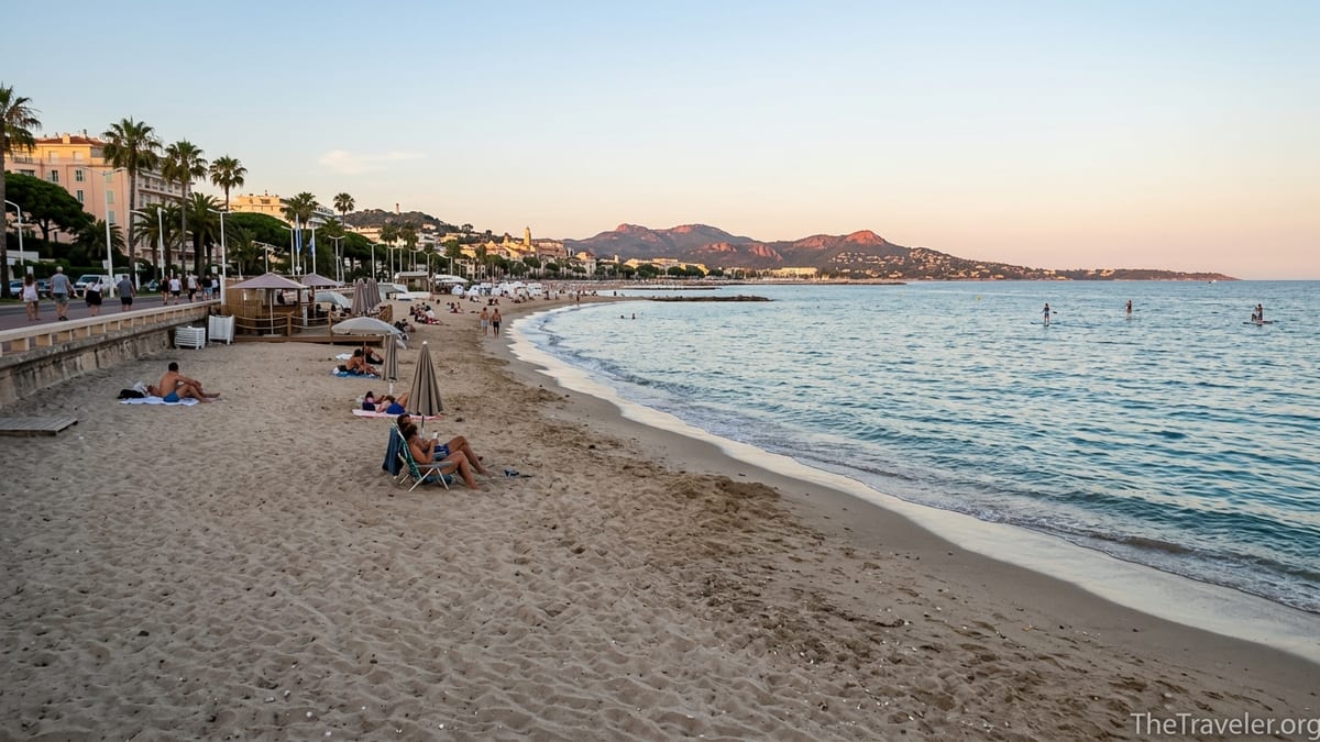 Early evening scene along Plages du Midi in Cannes with locals on the sand and promenade.