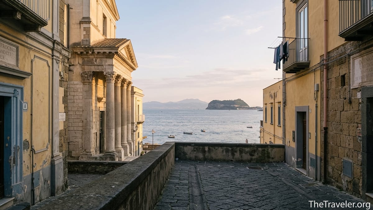 Golden hour view over Rione Terra in Pozzuoli with tuff buildings and the bay below.