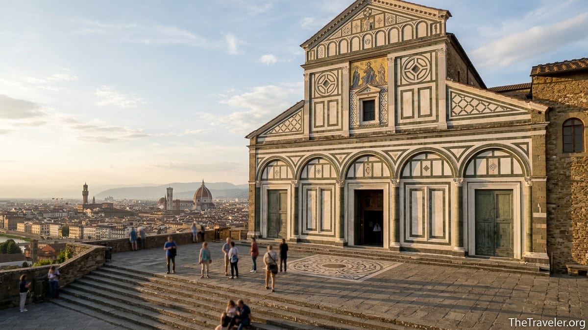 Facade of San Miniato al Monte above Florence at sunset with visitors on the stone terrace.