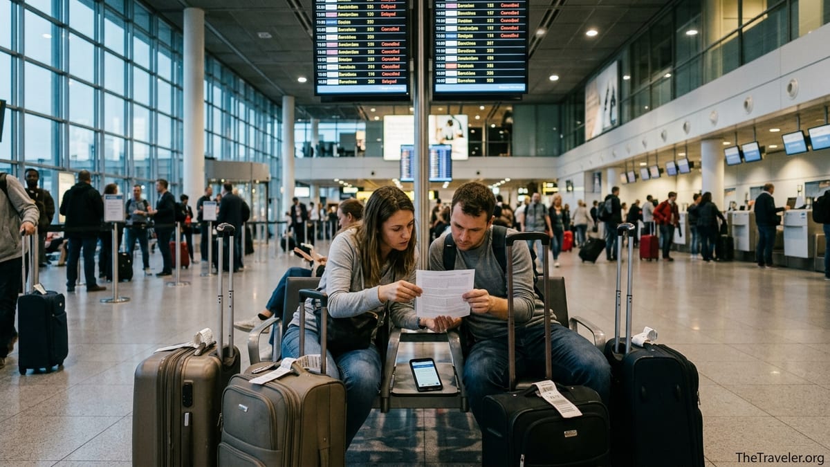 Tired travelers in a European airport reviewing flight compensation paperwork.
