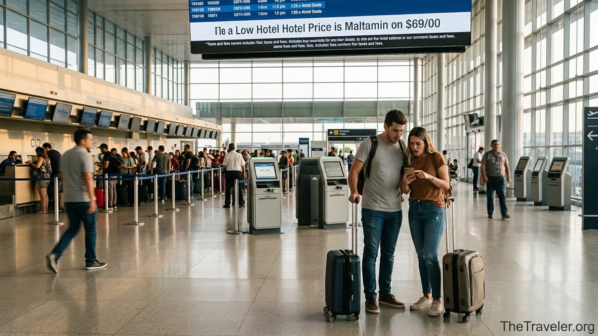 Travelers at an airport notice unexpected fees on a booking screen.