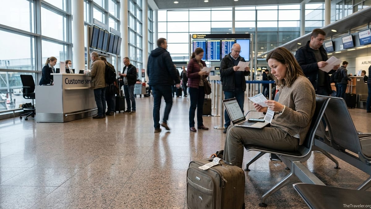 Traveler in busy airport comparing flight details on laptop and boarding pass, looking worried.